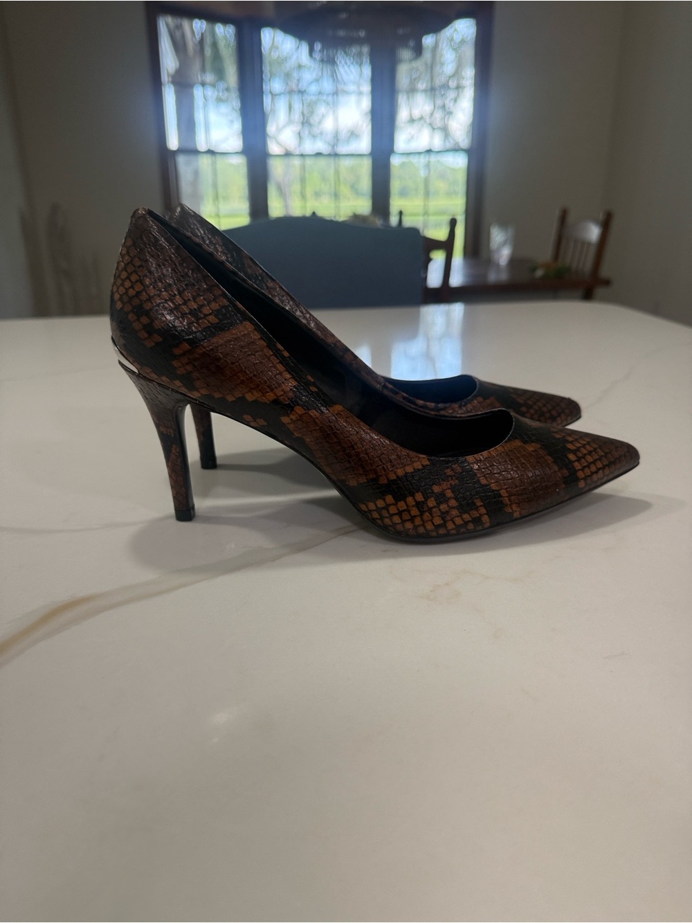 Calvin Klein Brown and Black Snake-Print Pointed Toe Pumps